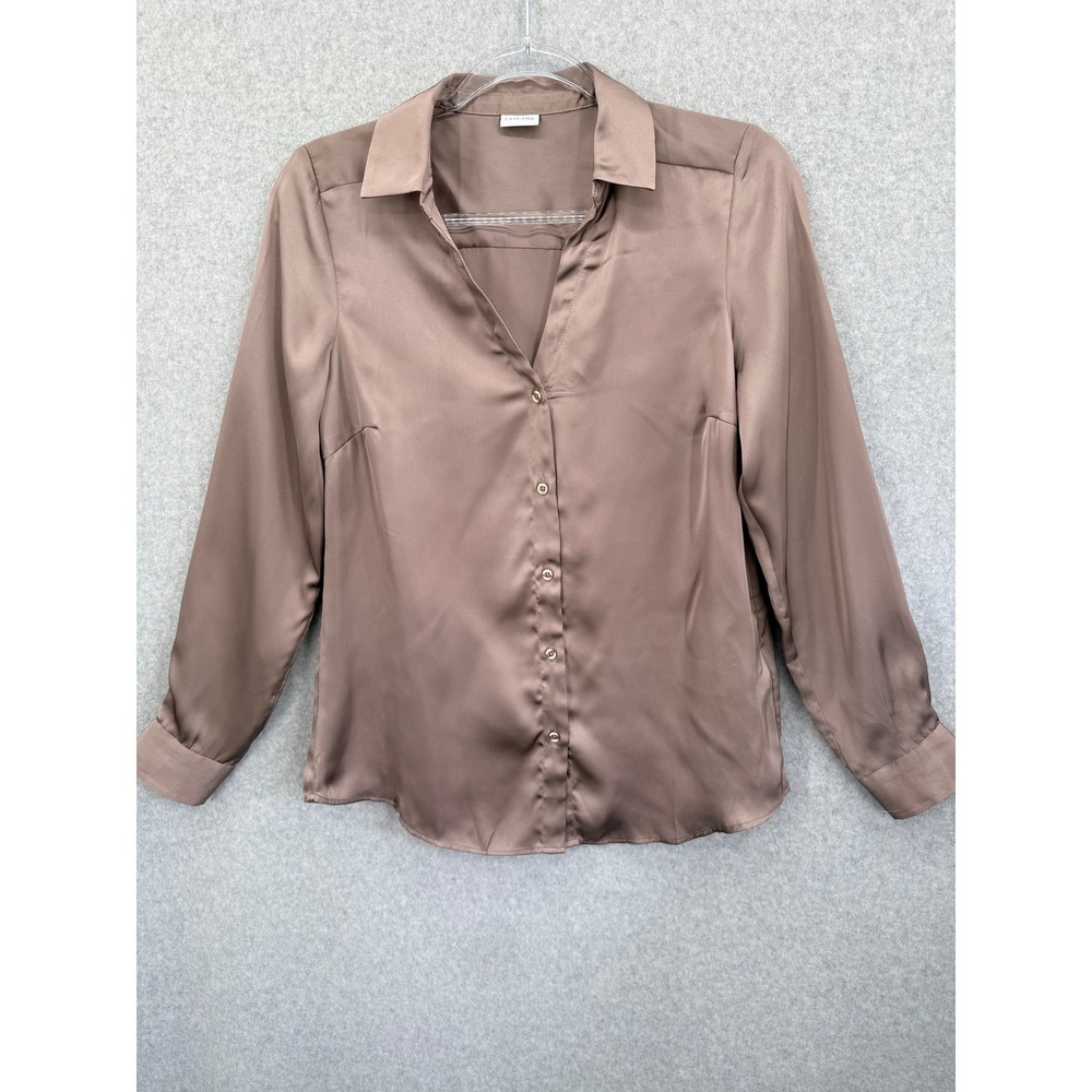 Lascana Button Up Blouse 4 Taupe Satin Long Sleeve Collared Workwear Office